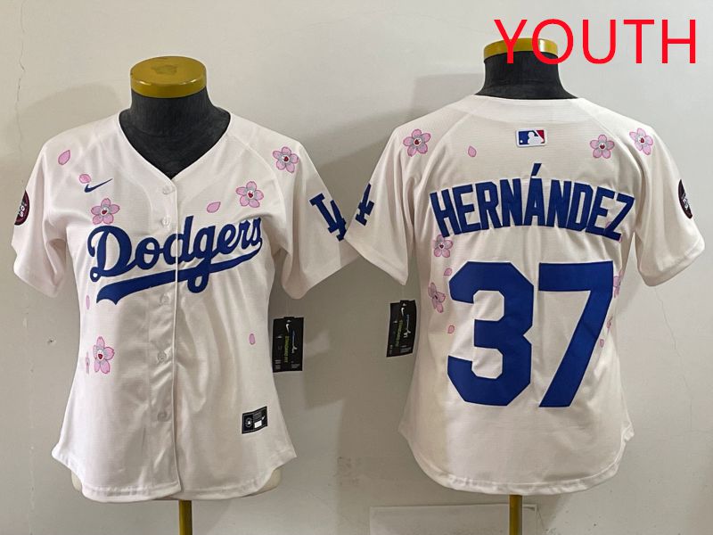 Youth Los Angeles Dodgers 37 Hernandez Cream Sakura Edition 2025 Nike MLB Jersey style 31